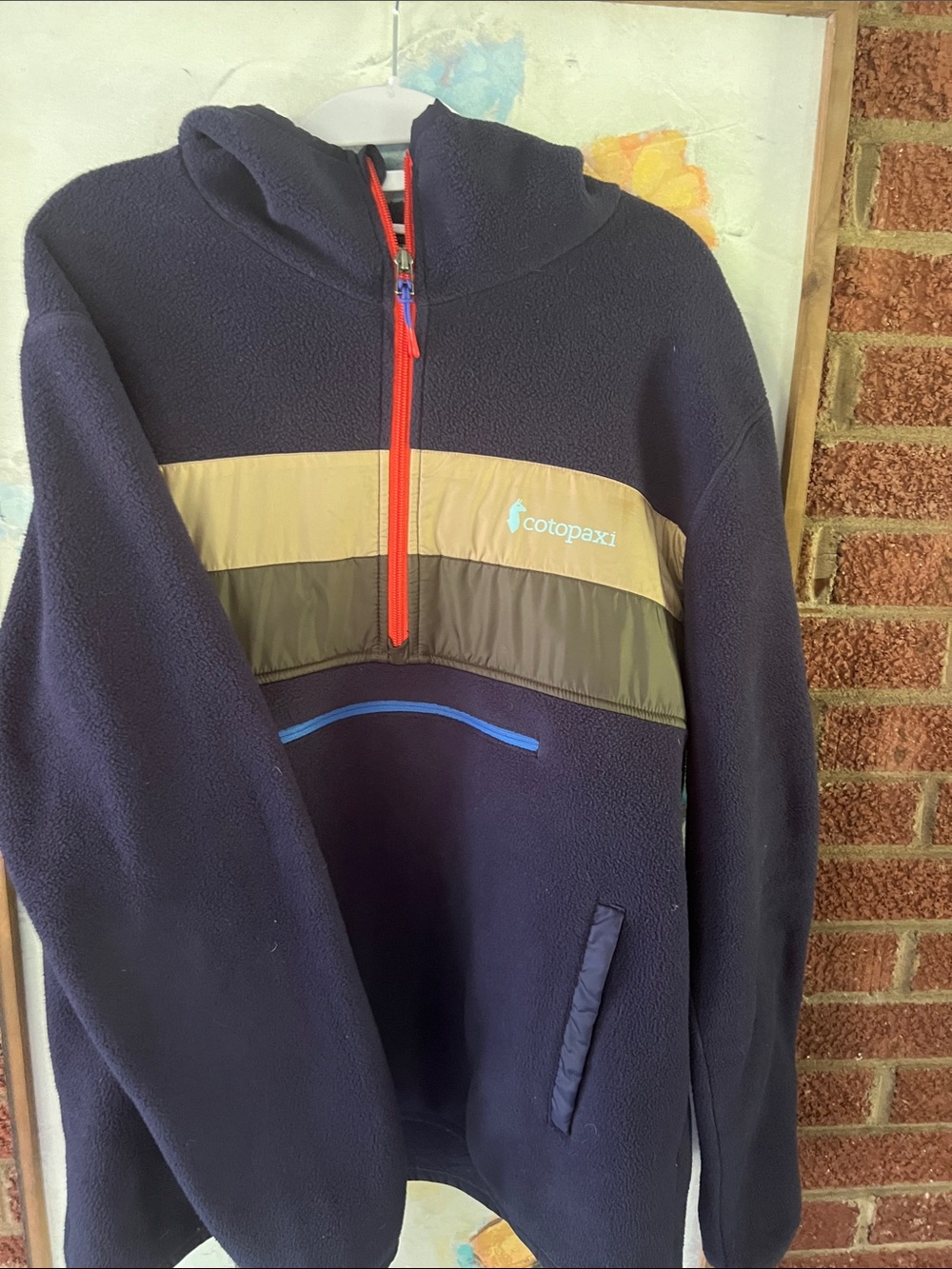Cotopaxi Navy Fleece Half-Zip Pullover with Tan, Olive & Red Accents. Mens Large
